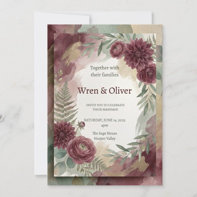 Burgundy Botanical Wedding Invitation (Front)