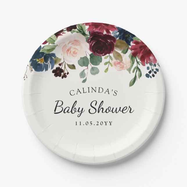 Burgundy Bouquet | Baby Shower Paper Plate (Front)