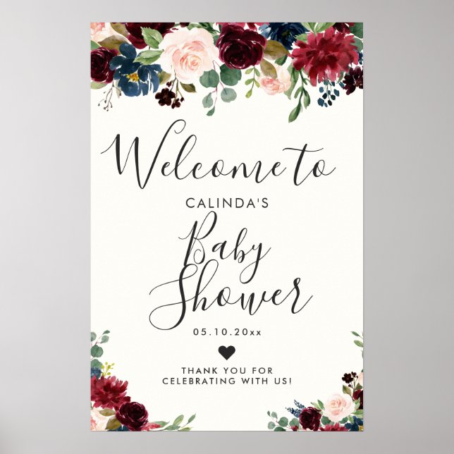 Burgundy Bouquet | Baby Shower | Welcome Poster (Front)