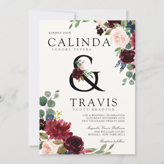 Burgundy Bouquet | Bold Ampersand Line Invitation (Front)