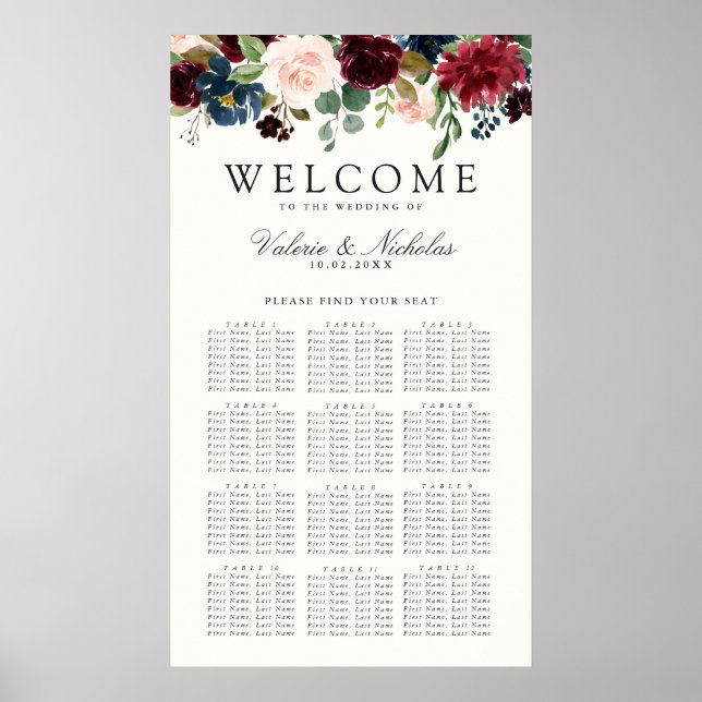 Burgundy Bouquet | Floral 12 Table Seating Chart (Front)