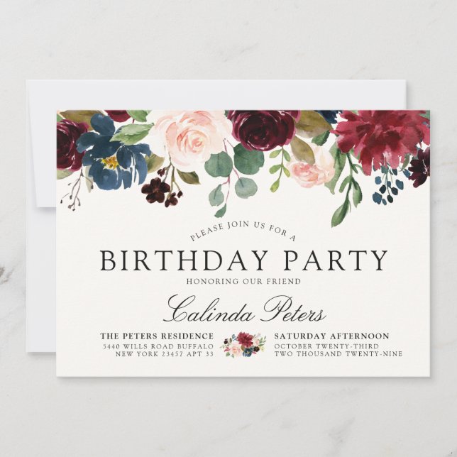 Burgundy Bouquet | Floral Birthday Party Invitation (Front)