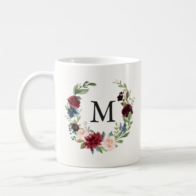Burgundy Bouquet | Floral Monogram Coffee Mug (Left)