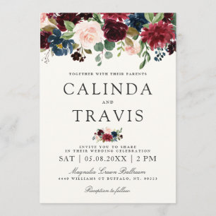 Burgundy Bouquet   Floral   Name Focus Invitation