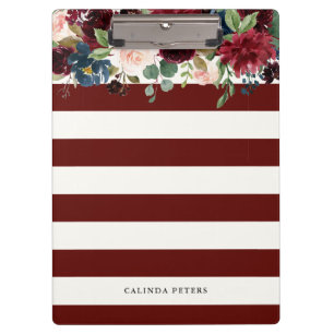 Burgundy Bouquet Floral Stripped Custom Name Clipboard