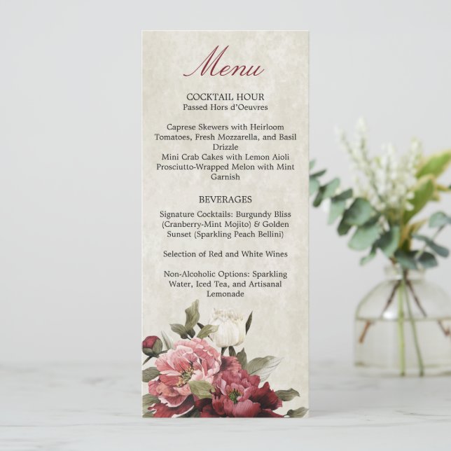 Burgundy Bouquet Reception Menu Card (Standing Front)