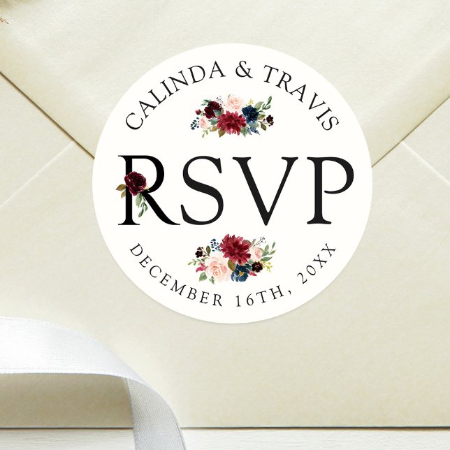 Burgundy Bouquet | Wedding RSVP Classic Round Sticker (Creator Uploaded)