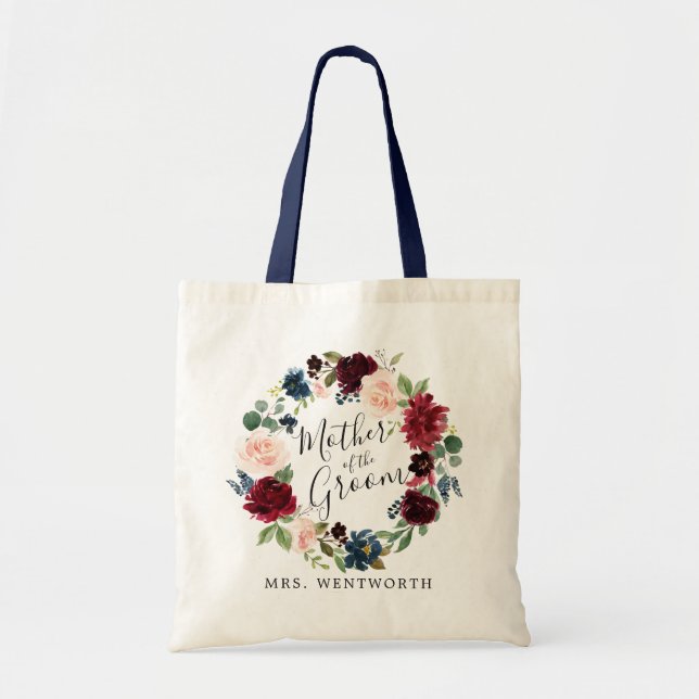 Burgundy Bouquet Wreath| Mother of the Groom Tote Bag (Front)