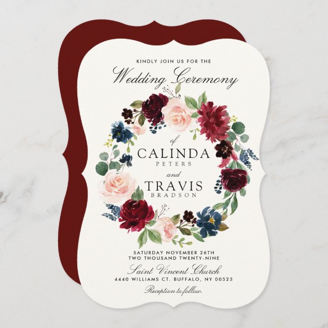 Burgundy Bouquet Wreath | Red Back Wedding Invitation (Front/Back)