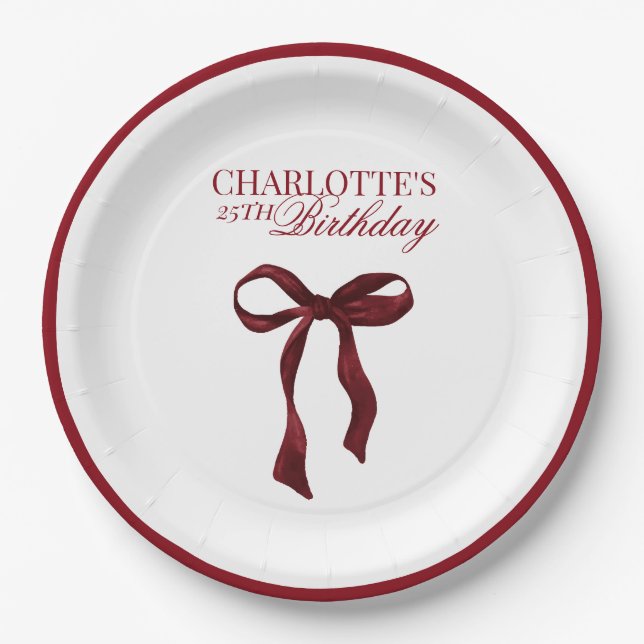 Burgundy Bow Birthday Paper Plate (Front)