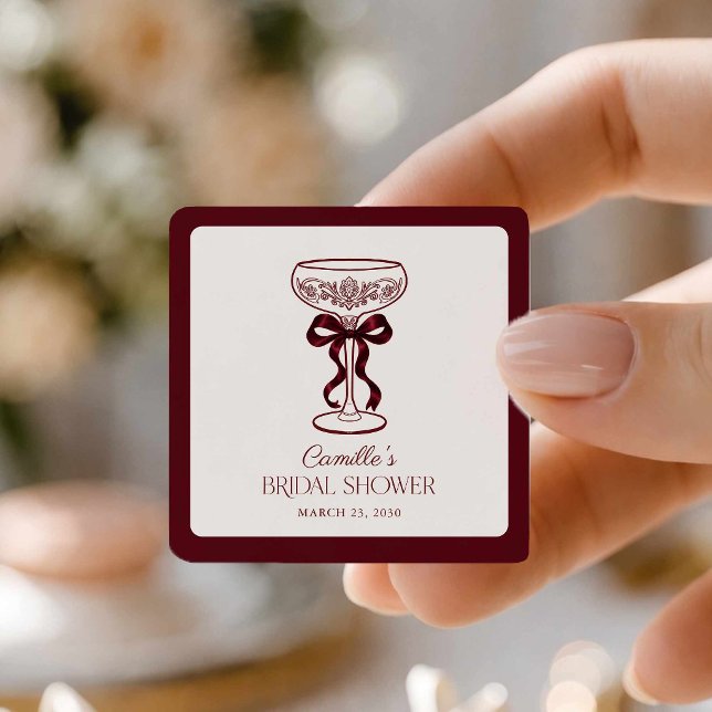 Burgundy Bow Bridal Shower Favour Sticker (Burgundy Bow Champagne Bridal Shower Sticker)