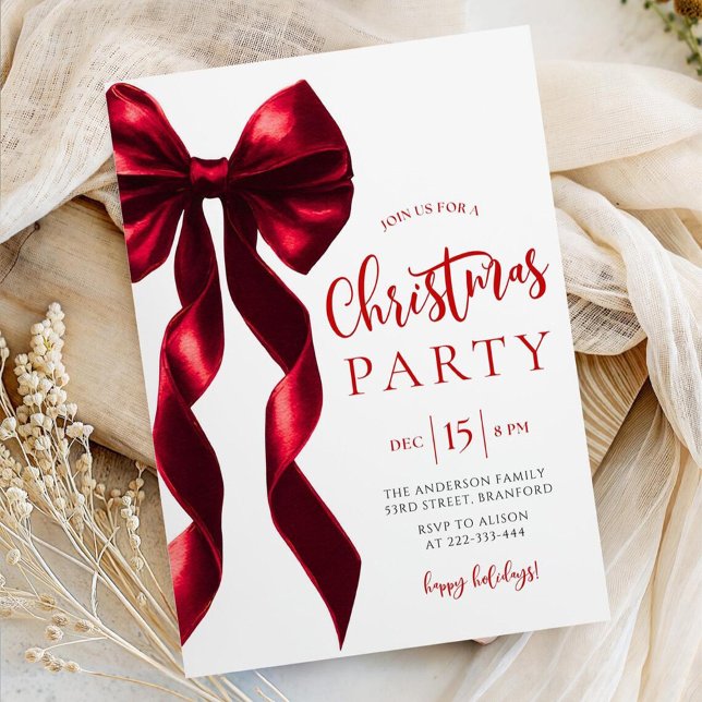 Burgundy Bow Christmas Party Invitation (Creator Uploaded)