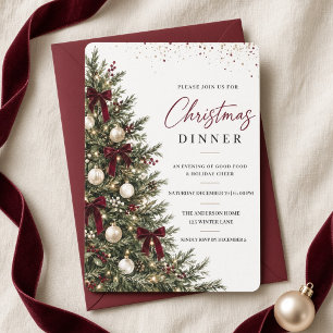 Burgundy Bow Christmas Tree Dinner Party Invitation