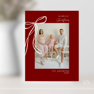 Burgundy Bow Family Photo Christmas Greeting Postcard