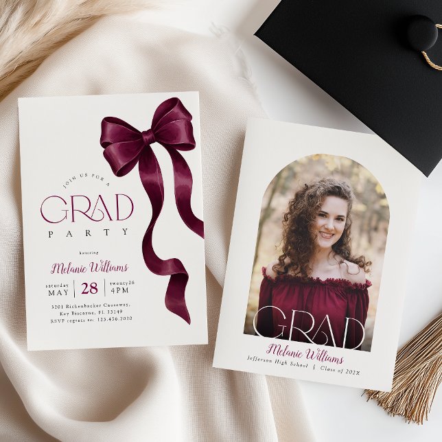 Burgundy Bow Graduation Photo Invitation (Creator Uploaded)