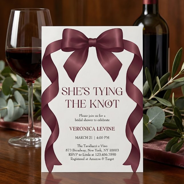 Burgundy Bow She’s Tying the Knot Bridal Shower  Invitation (Coquette Black Bow Champagne Coupe She's Tying The Knot Bridal Shower invitation)