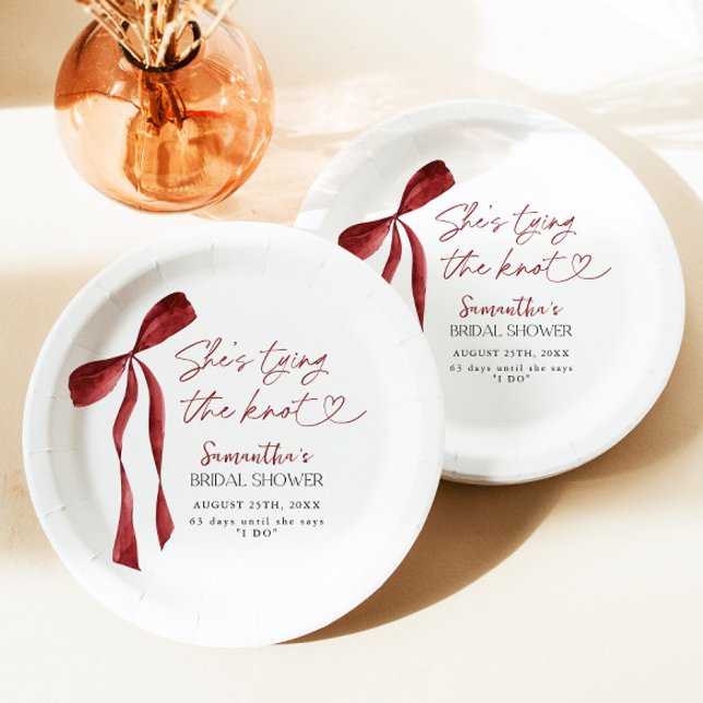 Burgundy Bow She's Tying The Knot Bridal Shower Paper Plate (Creator Uploaded)