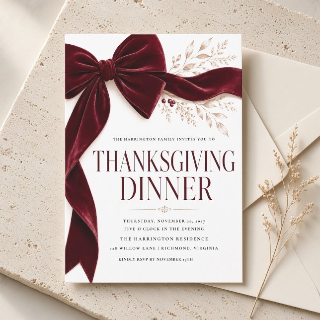 Burgundy Bow Thanksgiving Dinner Invitation (Creator Uploaded)