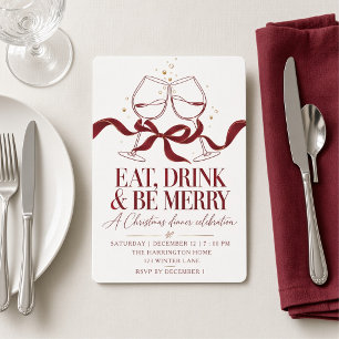 Burgundy Bow Wine Glass Christmas Dinner Invitation