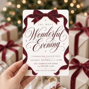 Burgundy Bow Wonderful Evening Christmas Party Invitation
