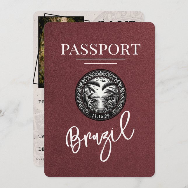Burgundy Brazil Passport Save The Date (Front/Back)