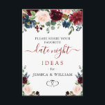 Burgundy Bridal Shower Date Night Idea Advice Card<br><div class="desc">Burgundy Navy Blue Blush Floral Bridal Shower Date Night Idea Advice Card.</div>