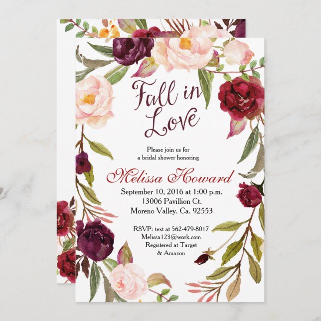 Burgundy Bridal Shower Fall in Love invitation (Front/Back)