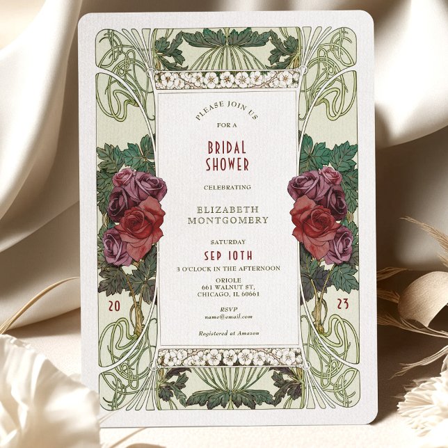 Burgundy Bridal Shower Invitation Art Nouveau Rose (Creator Uploaded)
