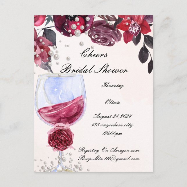 burgundy bridal shower invitation postcard (Front)