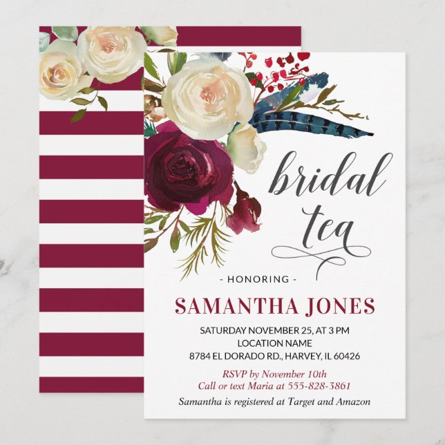 Burgundy Bridal Shower Tea Marsala Floral Wine Red Invitation (Front/Back)