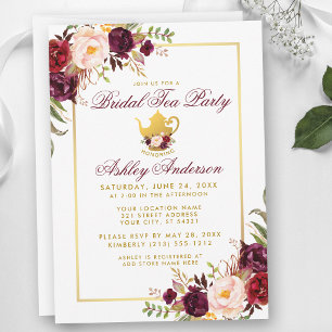 Burgundy Bridal Shower Tea Party Gold Invite