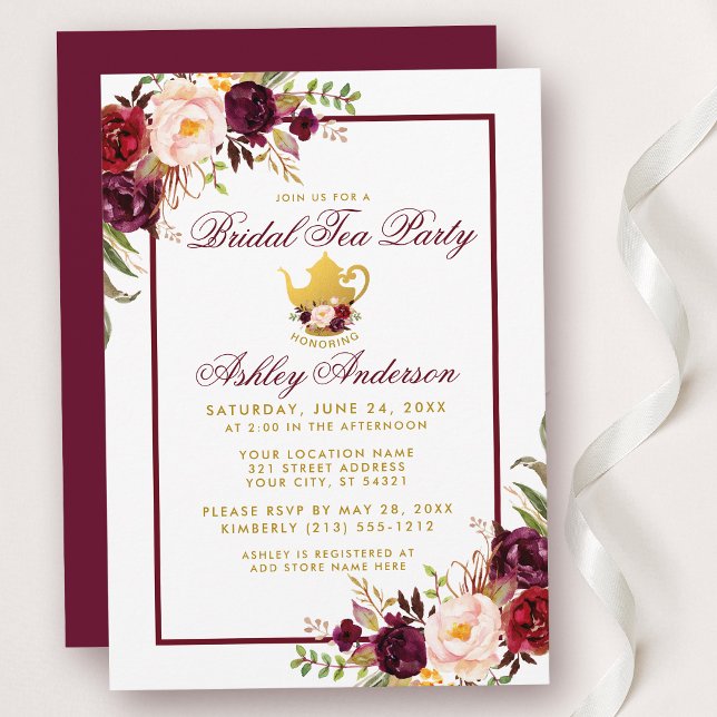 Burgundy Bridal Shower Tea Party Gold Invite BF (Customize to change text color, size, style or to change color of back of card.)