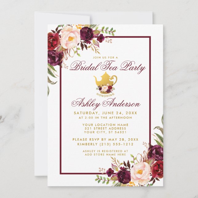 Burgundy Bridal Shower Tea Party Gold Invite FB (Front)