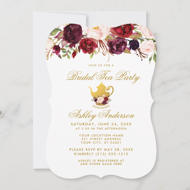 Burgundy Bridal Shower Tea Party Gold Invite GS (Front)