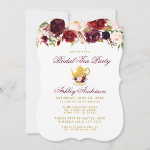 Burgundy Bridal Shower Tea Party Gold Invite WB