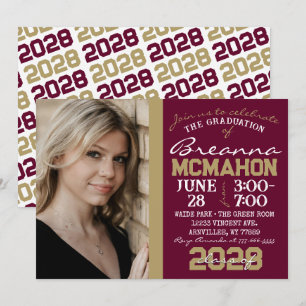 Burgundy & Bronze Gold Graduation Photo Invitation