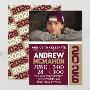 Burgundy & Bronze Graduation Photo Invitation