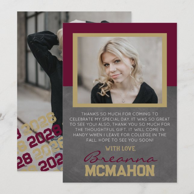 Burgundy & Bronze Graduation Photo Thank You Card (Front/Back)