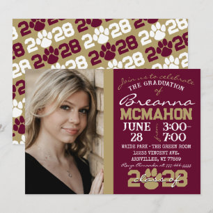 Burgundy & Bronze Pawprint Graduation Photo Invitation