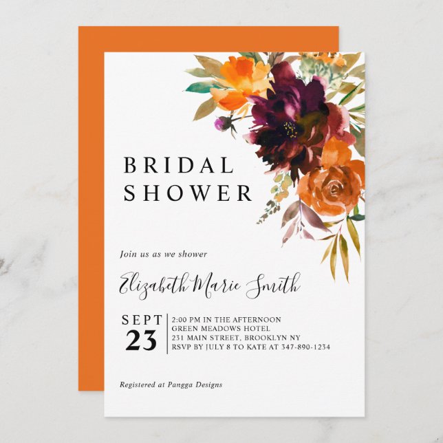 Burgundy Brown Floral Fall Autumn Bridal Shower Invitation (Front/Back)