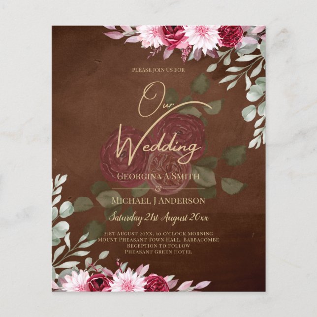 Burgundy Brown Floral Winter Fall Wedding Invite Flyer (Front)