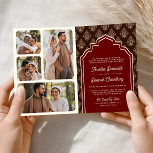 Burgundy Brown Ikat Photo Collage Indian Wedding Invitation