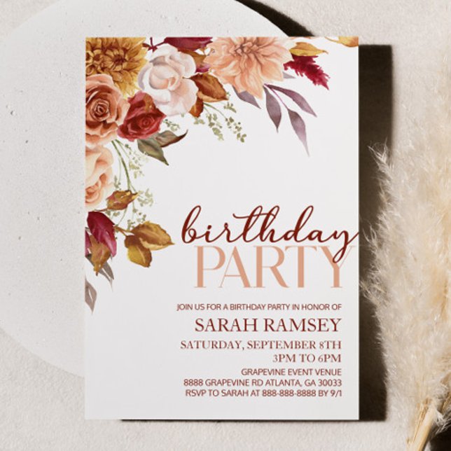 Burgundy Brown Orange Floral Flower Birthday Party Invitation (Creator Uploaded)