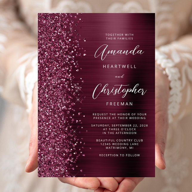 Burgundy Brushed Metal Glitter Script Wedding Invitation (Creator Uploaded)