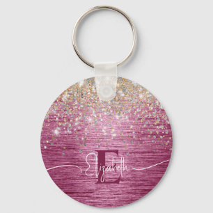 Burgundy Brushed Metal Gold Faux Glitter Monogram Key Ring