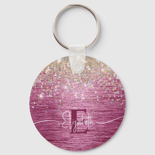 Burgundy Brushed Metal Gold Faux Glitter Monogram  Key Ring (Front)