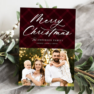 Burgundy Brushed Plaid Merry Christmas 3 Photo Holiday Card