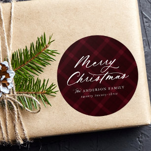 Burgundy Brushed Plaid Merry Christmas Classic Round Sticker