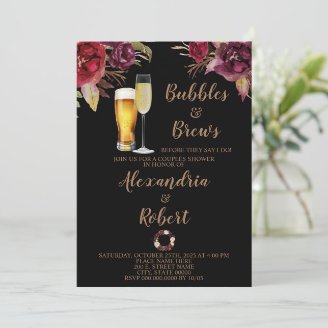 Burgundy | Bubbles & Brews Couples Wedding Shower Invitation (Standing Front)