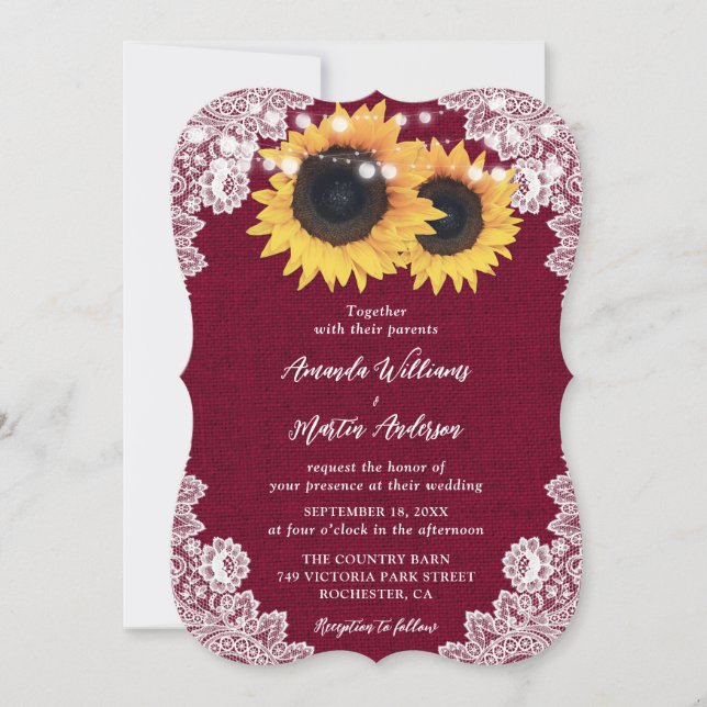 Burgundy Burlap Floral Lace Sunflower Wedding Invitation (Front)